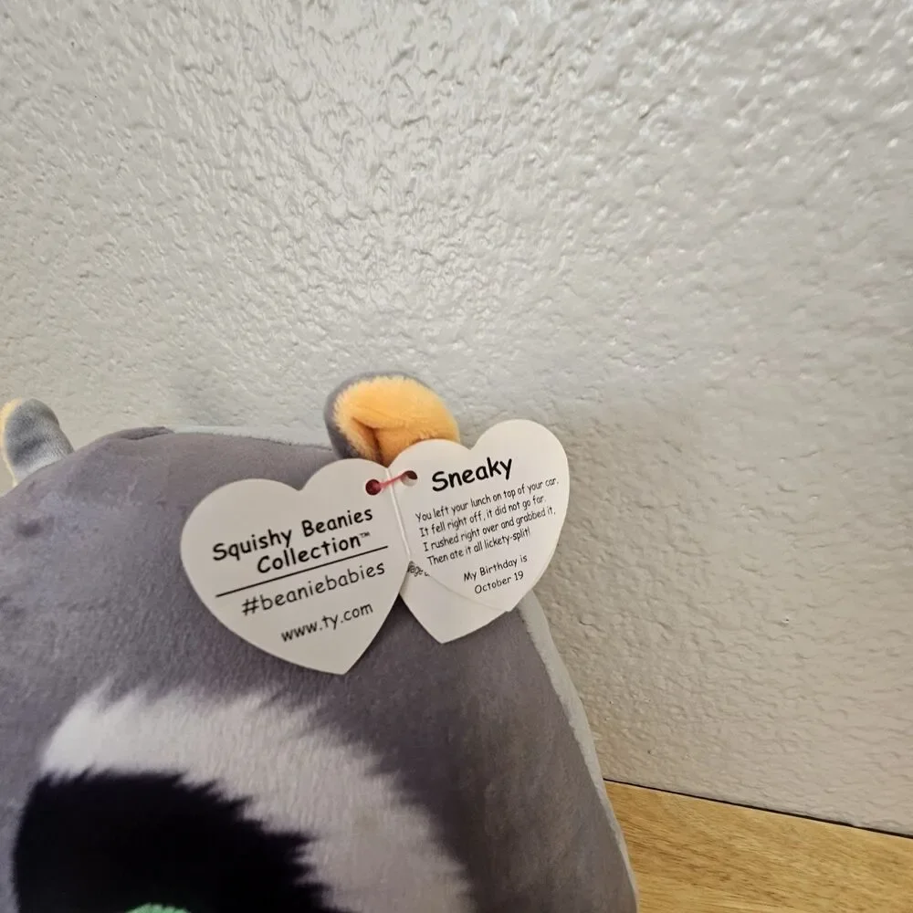 Ty Squishy Beanies “Sneaky” Raccoon Plush Stuffed Animal With Tags 8”